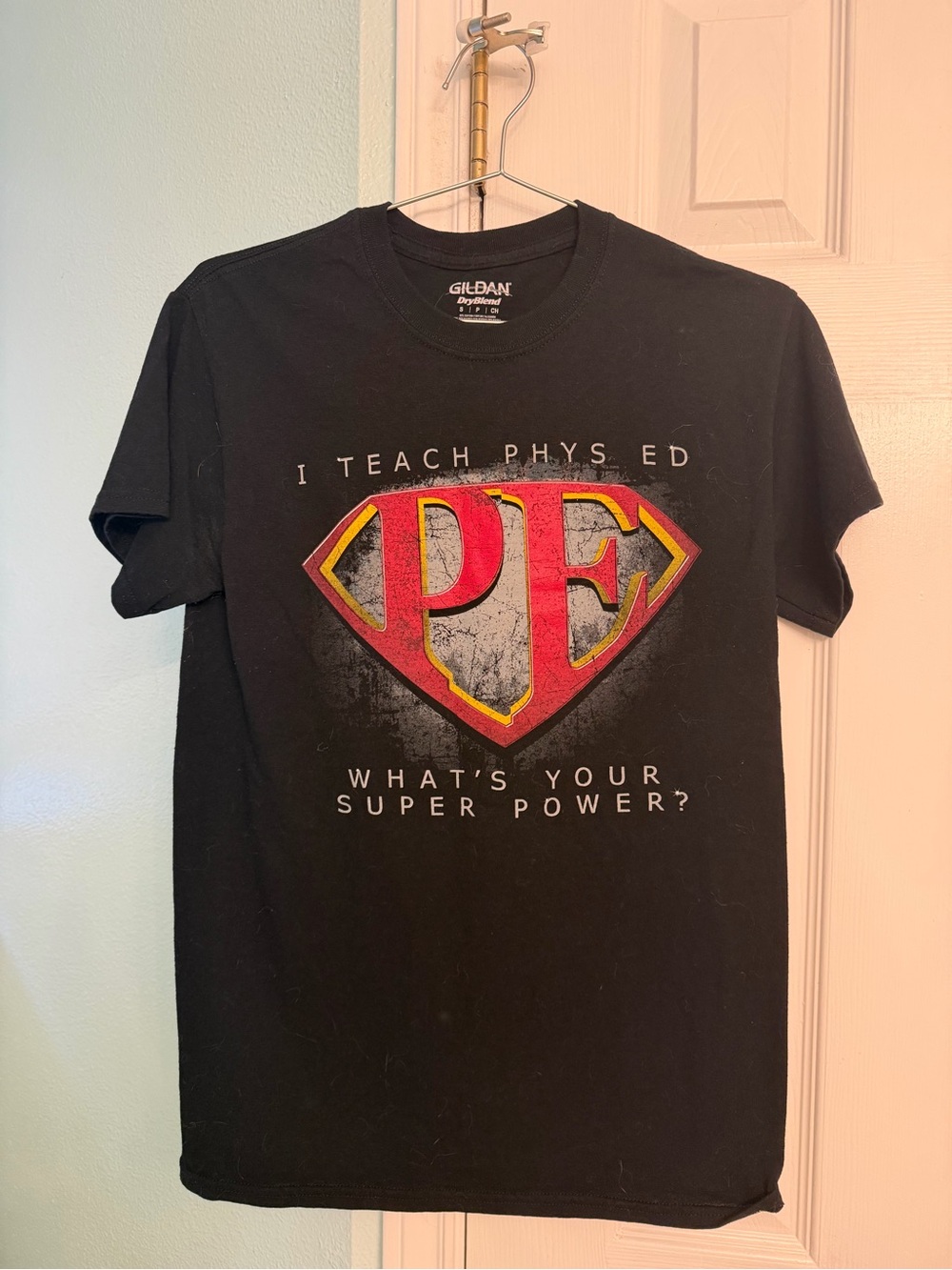 Gildan Black T-Shirt with Red and Yellow PE Superhero Graphic
